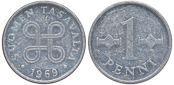 ФИНЛЯНДИЯ 1 ПЕННИ 1969 KM 69а алюминий 3334-1033