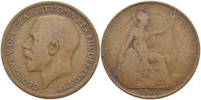Великобритания 1 пенни 1920 Георг V (1910-1936) KM 810, Spink 4051 бронза 115-144