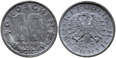 АВСТРИЯ 10 ГРОШЕЙ 1949 KM 2874 цинк 4388-1237