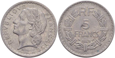 Франция 5 франков 1949 тип Лаврийе KM 888b.1, LE FRANC 339.17 алюминий 3333-141