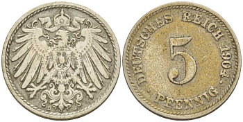 ГЕРМАНИЯ 5 ПФЕННИГОВ 1904 D KM 11, J. 12, Weege 6 медно-никель 206-937