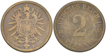 Германия 2 пфеннига 1876 E, старогербовка KM 2, Jager 2, Weege 3 медь 212-714