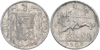 Испания 10 сентимо 1953 всадник KM 766 алюминий 4116-1054