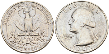 США 25 ЦЕНТОВ = КВОТЕР 1983 P, ВАШИНГТОН KM А164a медь плакированная медно-никелем 190-337