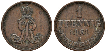 Ганновер 1 пфенниг 1861 B, Георг V KM 233, AKS 156, J. 90 медь 4594-549