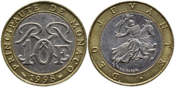 Монако 10 франков 1998 Ренье III (1949-2005) KM 163 биметалл 4364-1526
