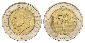Турция 50 курушей 2009 Кемаль Ататюрк KM 1243 биметалл 4577-646
