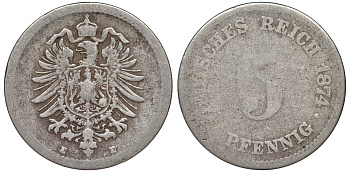 ГЕРМАНИЯ 5 ПФЕННИГОВ 1874 E, СТАРОГЕРБОВКА KM 3, J. 3 медно-никель 45-438
