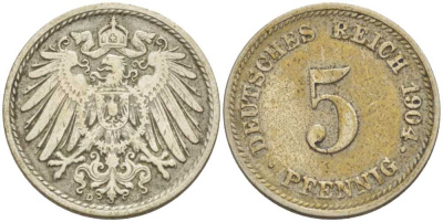 ГЕРМАНИЯ 5 ПФЕННИГОВ 1904 D KM 11, J. 12, Weege 6 медно-никель 206-937