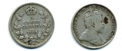 КАНАДА 5 ЦЕНТОВ 1905 ЭДУАРД VII KM 13 серебро 46-2451