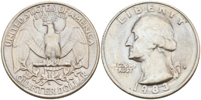 США 25 ЦЕНТОВ = КВОТЕР 1983 P, ВАШИНГТОН KM А164a медь плакированная медно-никелем 190-337