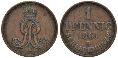 Ганновер 1 пфенниг 1861 B, Георг V KM 233, AKS 156, J. 90 медь 4594-549