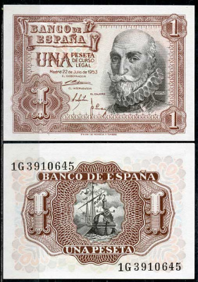 Испания 1 песета 1953 22 июля 1953, Мигель де Санта Круз Pick 144 a  бумага  UNC (пресс) 450-84-1