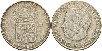 Швеция 1 крона 1956 TS, Густав VI Адольф (1950-1973) KM 826 серебро 4148-1151