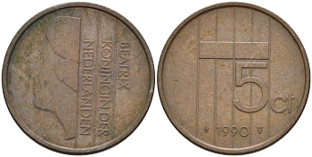 Нидерланды 5 центов 1990 Беатрикс (1980-2013) KM 202 бронза 4573-424