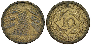 Германия 10 рейхспфеннигов 1924 F KM 40, J. 317 алюминиевая бронза 4121-857