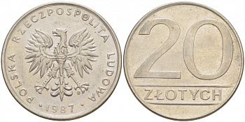 ПОЛЬША 20 ЗЛОТЫХ 1987 MW KM 153.1 медно-никель 77-721