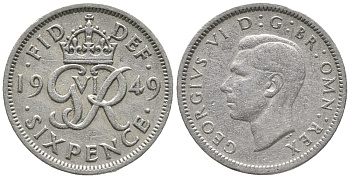 Великобритания 6 пенсов 1949 Георг VI (1936-1952) KM 875, Spink 4110 медно-никель 100-1068