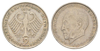 ФРГ 2 марки 1974 D, Конрад Аденауэр, 20 лет Федеративной Республике (1949-1969) KM 124 медно-никель 4628-754