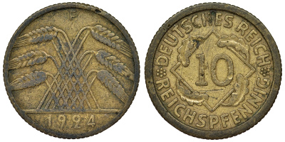 Германия 10 рейхспфеннигов 1924 F KM 40, J. 317 алюминиевая бронза 4121-857