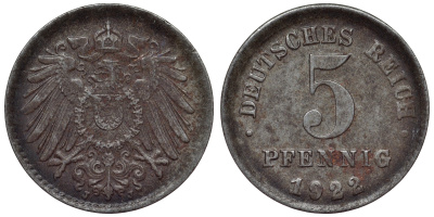 Германия 5 пфеннигов 1922 J KM 19, J. 297, Weege 5 железо 4118-1147