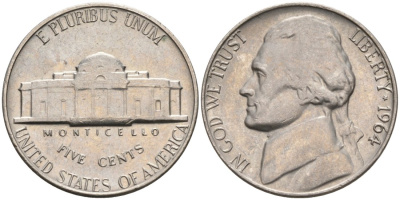США 5 центов 1964 Джефферсон KM А192 медно-никель 92-1054