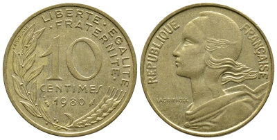 ФРАНЦИЯ 10 САНТИМОВ 1980 ТИП MARIANNE КМ 929, LE FRANC 144.20 алюминиевая бронза 93-1322