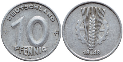 ГДР 10 пфеннигов 1948 А KM 3 алюминий 4398-752