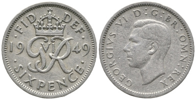 Великобритания 6 пенсов 1949 Георг VI (1936-1952) KM 875, Spink 4110 медно-никель 100-1068