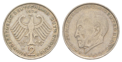 ФРГ 2 марки 1974 D, Конрад Аденауэр, 20 лет Федеративной Республике (1949-1969) KM 124 медно-никель 4628-754