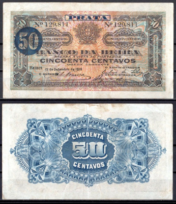 Мозамбик 50 сентаво 1919 Pick R4 бумага 7214-22-3-1