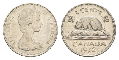 Канада 5 центов 1972 Елизавета II (1952-2022), бобр KM 60.1 никель 4630-719