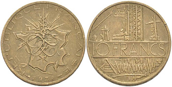 Франция 10 франков 1978 тип Матье KM 940, Le Franc 365.11-12 никель латунь 215-745