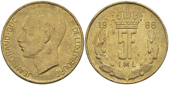 Люксембург 5 франков 1986 Великий герцог Жан (1964-1999) KM 60.1 латунь 4402-243