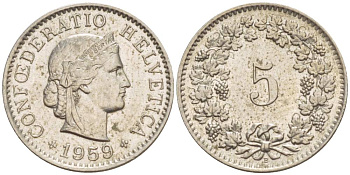 ШВЕЙЦАРИЯ 5 РАППЕНОВ 1959 В KM 26 медно-никель 4532-952
