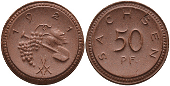 Саксония 50 пфеннигов 1921 виноград и лопата J. N 54 фарфор 1094-5-43