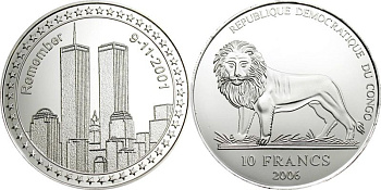 Конго 10 франков 2006 башни близнецы, в память жертв 11 сентября 2001 года серебро PROOF 4-5-3-01