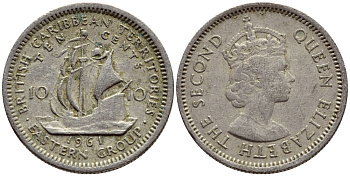 Британские Восточно-Карибские территории 10 центов 1961 Елизавета II (1952-2022), парусник KM 5 медно-никель 4387-867