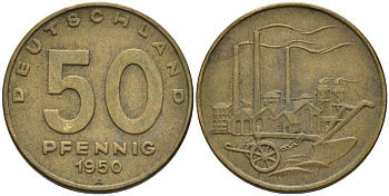 ГДР 50 пфеннигов 1950 А, фабрика KM 4 алюминиевая бронза 4575-451