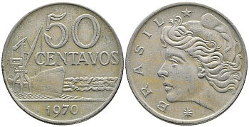 Бразилия 50 сентаво 1970 голова свободы влево KM 580а медно-никель 3336-914