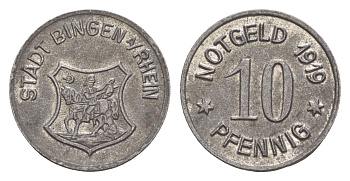 Бинген-на-Рейне 10 пфеннигов 1919 Funck 41.3, Men05 2839.1, Men18 3635.1 железо 4643-1031