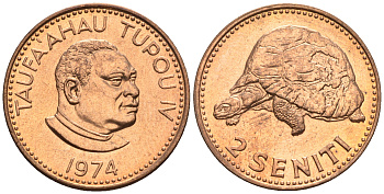 Тонга 2 сенити 1974 король Тауфа’ахау Тупоу IV (1967-2006), черепаха KM 28 бронза  UNC  220-1161