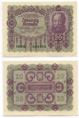 АВСТРИЯ 20 КРОН 1922 Pick 76 бумага UNC (ПРЕСС) 8588-44-4-2