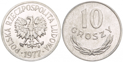 ПОЛЬША 10 ГРОШЕЙ 1977 MW KM АА47 алюминий UNC 4547-938