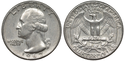 США 25 центов (квотер) 1967 Вашингтон KM 164а медь плакированная медно-никелем 4128-624