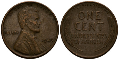 США 1 цент 1945 Линкольн KM A132 медь цинк 4164-841