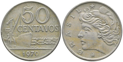 Бразилия 50 сентаво 1970 голова свободы влево KM 580а медно-никель 3336-914