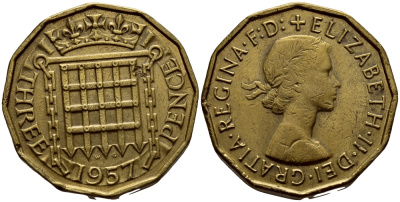 Великобритания 3 пенса 1957 Елизавета II (1952-2022) KM 900, Spink 4153 никель латунь 37-1251