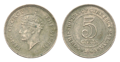 Британская Малайя 5 центов 1948 Георг VI (1936-1952) KM 7 медно-никель 4659-1235