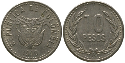Колумбия 10 песо 1990 KM 281.1 медь цинк никель 4528-832
